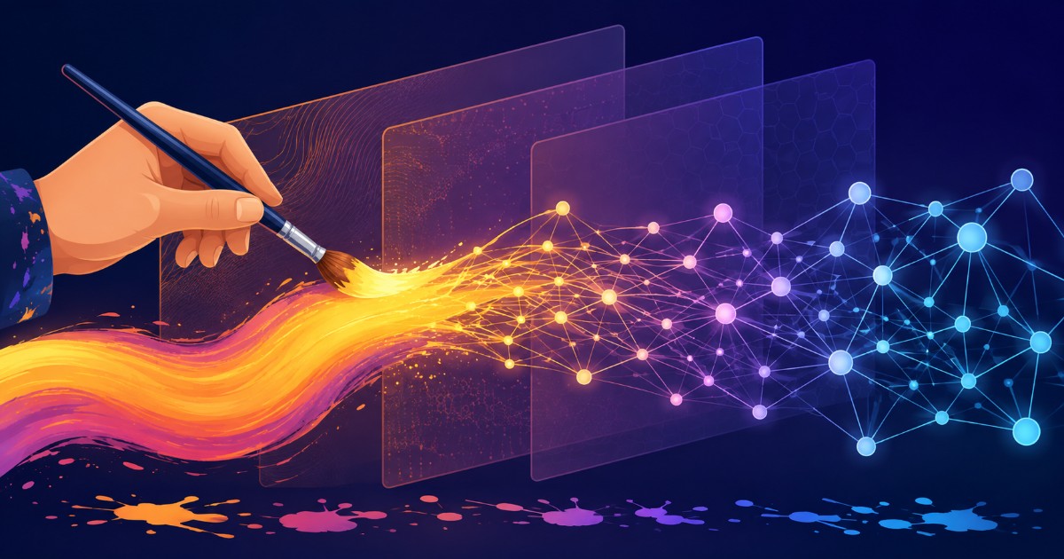 Hand with a brush drawing a stroke that turns into a network of glowing nodes