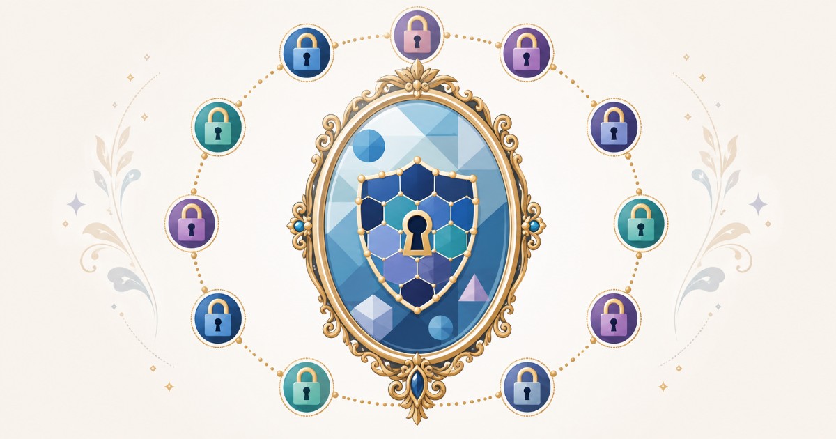 Ornate mirror with a hexagonal shield and keyhole, ringed by small padlocks
